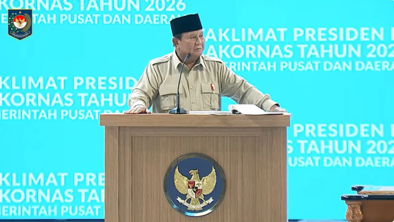 Presiden Prabowo Subianto dalam rapat koordinasi nasional (Rakornas) pemerintah pusat dan pemerintah daerah tahun 2026 di Sentul Internasional Convention Center (SICC), Bogor.