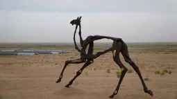 Karya seni patung dipamerkan di taman gurun wilayah Minqin, Provinsi Gansu, China, 5 September 2020. Kamp Pembuatan Patung Gurun Internasional Ketiga (Third Desert Sculpture International Creation Camp) dibuka di Minqin pada 5 September 2020. (Xinhua/Huang Zemin)