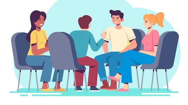 Ilustrasi berdiskusi, ngobrol dengan teman, kelompok