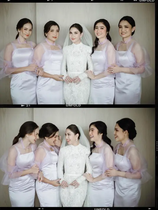 Bridesmaid pada pemberkatan Jessica Mila dan Yakup Hasibuan tampil manis dengan dress kombinasi satin dan organza nuansa lilac. [Foto: IG/febbyrastanty].