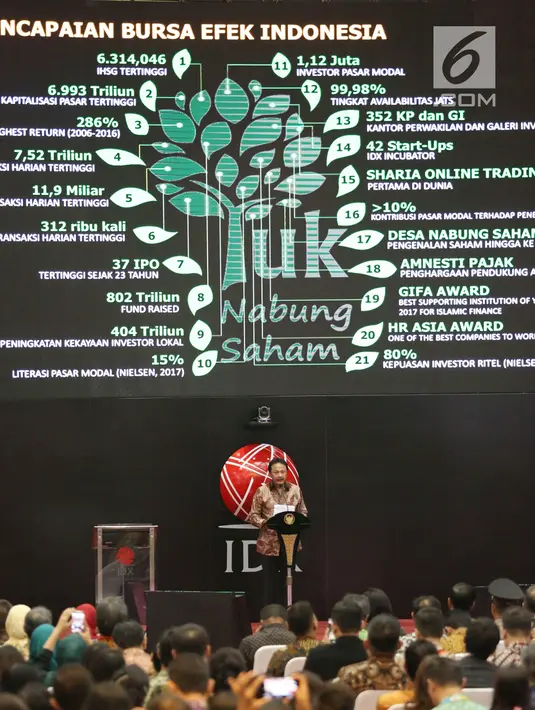 Direktur Bursa Efek Indonesia (BEI), Tito Sulistio saat memberikan sambutan pada penutupan index saham gabungan 2017 di BEI, Jakarta, Jumat (29/12). Perdagangan bursa saham 2017 ditutup pada level 6.355,65 poin. (Liputan6.com/Angga Yuniar)