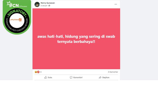 Klaim swab test berbahaya. (Facebook)