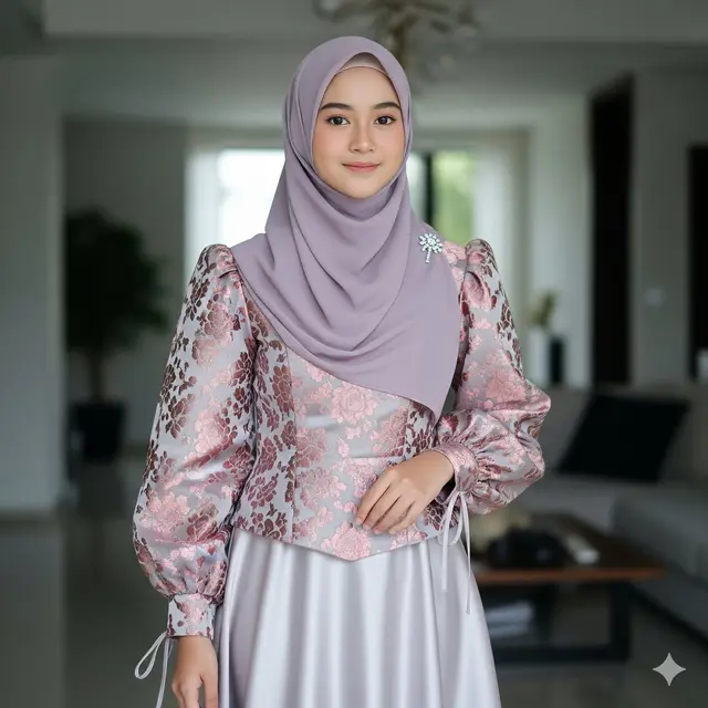Gamis Brokat dengan Lengan Balon dan Kombinasi Satin