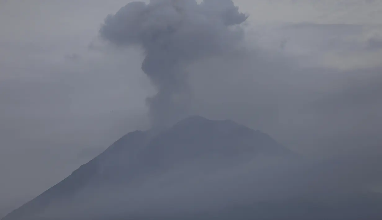 Gunung Semeru Erupsi pada Sabtu sore (4/12/2021). Erupsi yang disertai guguran material dan awan panas ini mengakibatkan puluhan orang meninggal dunia dan ribuan lainnya terpaksa mengungsi. (AFP/Juni Kriswanto)