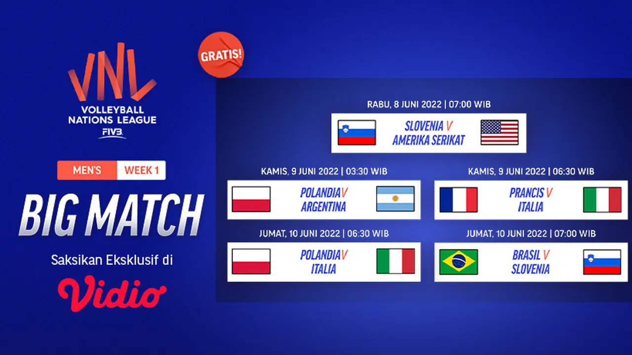 Link Live Streaming Big Match VNL 2022 Putra di Vidio Pekan Ini, 9 & 10 Juni 2022