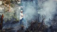 Kebakaran lahan di Pekanbaru mengepulkan asap usai dipadamkan petugas. (Liputan6.com/M Syukur)