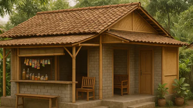 Model Rumah Sederhana dari Bambu dan Batako dengan Warung di Teras