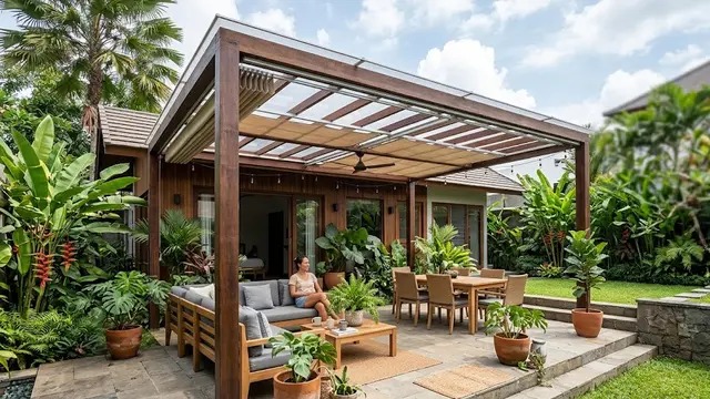 Inspirasi Teras Belakang dengan Atap Pergola dan Penutup Hujan yang Dapat Dibuka