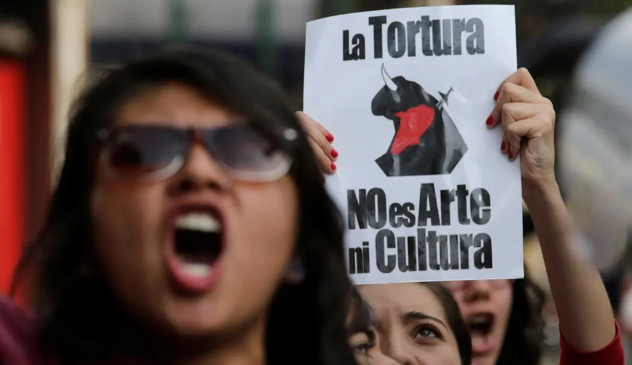 Pengunjuk rasa memegang sebuah poster di samping polisi anti huru hara saat demonstrasi menentang adu banteng di luar arena adu banteng di Mexico City, Meksiko 29 Mei 2016. (REUTERS / Henry Romero)