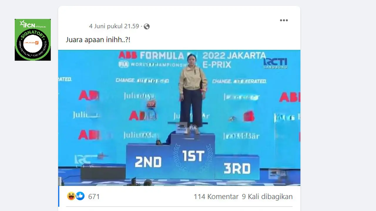 Tangkapan layar  klaim foto Puan maharani berdiri di podium juara satu Formula E