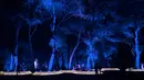 Orang-orang mengunjungi "Hutan Bercahaya" di Taman Descanso, Los Angeles, Senin (17/12). Dengan tema Enchanted: Forest of Light, pengunjung bisa melihat atraktif lampu dan karya seni ilumnasi dengan cahaya di taman tersebut. (Frederic J. BROWN / AFP)