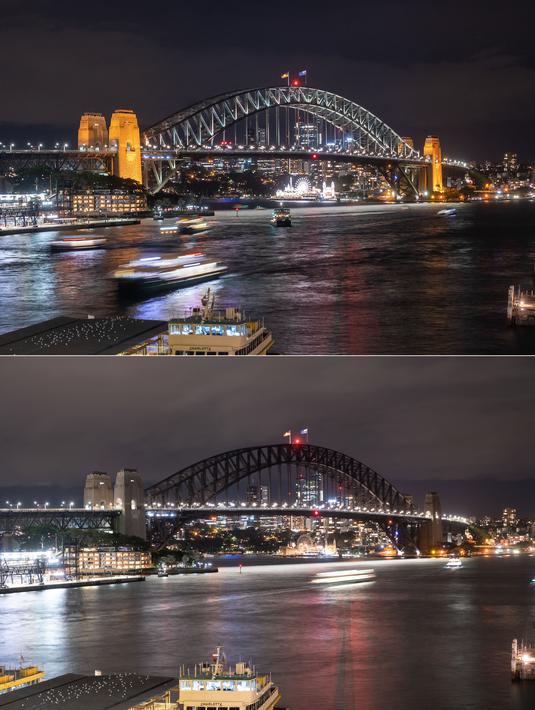 Kombinasi foto ini menunjukkan Sydney Harbour Bridge (bawah) dengan lampunya dimatikan selama kampanye lingkungan Earth Hour dan setelah dinyalakan kembali, di Sydney, Australia pada 25 Maret 2023. (Wendell Teodoro / AFP)