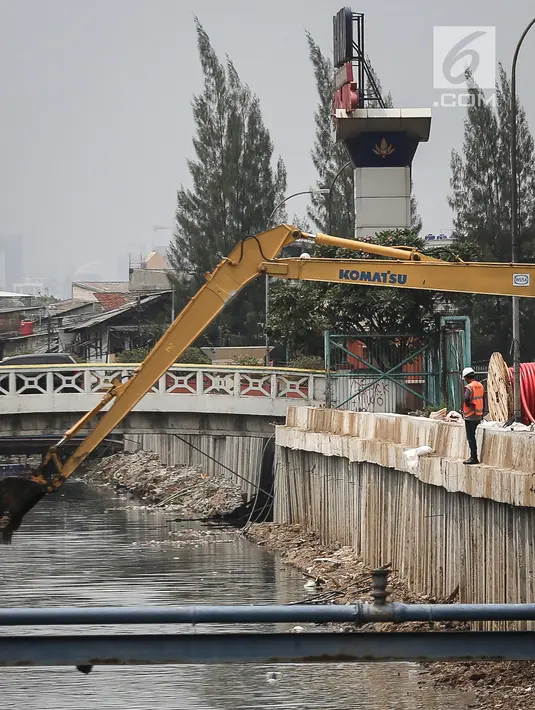 Sebuah eskavator diturunkan guna menyelesaikan pembangunan turap Kali Sunter Jakarta Utara, Selasa (18/12). Pembangunan turap ini merupakan bagian dari proyek normalisasi kali untuk mengantisipasi banjir di musim penghujan. Liputan6.com/Fery Pradolo)