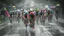 Para pebalap memacu sepedanya saat stage kedua balapan Tour de France di Leige, Belgia, Minggu (2/7/2017). Stage kedua menempuh kota Dusseldorf, Jerman hingga Leige, Belgia yang berjarak 203,5 kilometer. (AFP/Philippe Lopez)