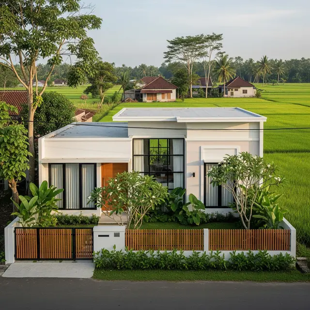Model Rumah Sederhana Tapi Mewah dengan Atap Datar dan Pagar 2025 yang Cocok untuk Tinggal di Desa (Image by Gemini AI)