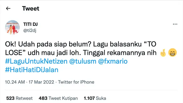 Unggahan Titi DJ di Twitter. (Foto: Dok. Twitter @ti2dj)