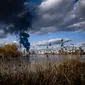 Asap mengepul setelah serangan rudal Rusia menghantam depot minyak di kota Vasylkiv di luar Kiev, Ukraina (27/2/2022). Menteri luar negeri Ukraina mengatakan pada 27 Februari, bahwa Kyiv tidak akan menyerah pada pembicaraan dengan Rusia mengenai invasinya. (AFP/Dimitar Dilkof)