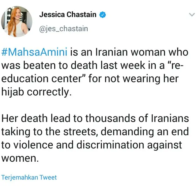 Dukungan Jessica Chastain untuk protes Iran (Foto: Screenshot @jes_chastain)