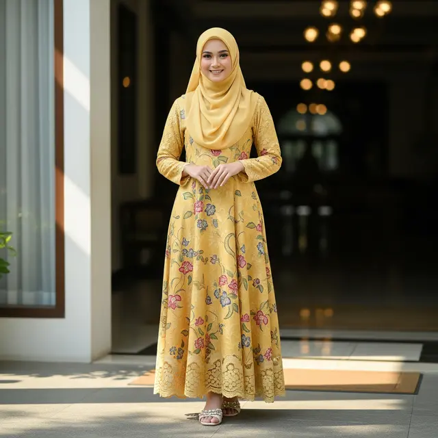 Model Gamis Batik Brokat Soft Yellow Terbaru untuk Ramadan 2026