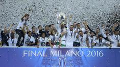 Real Madrid, meraih title juara Liga Champions yang ke-11 usai mengalahkan Atletico Madrid pada laga Final di San Siro Stadium, Milan (28/5/2016). (AFP/Olivier Morin)