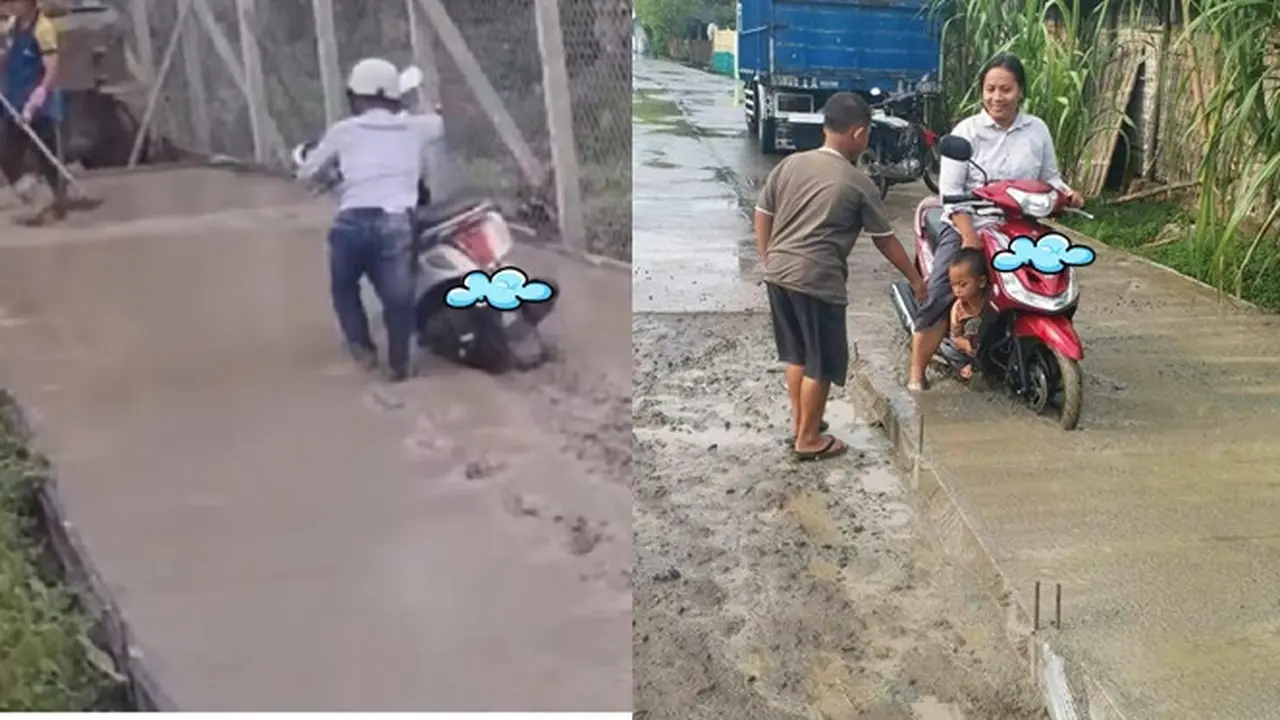 6 Potret Motor Terjebak di Jalan Cor Basah Ini Bikin Elus Dada