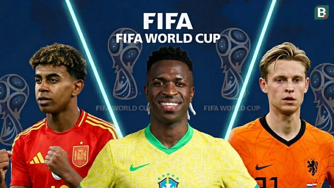 Ilustrasi bintang Piala Dunia 2026, Lamine Yamal, Vinicius Junior, Kylian Mbappe, Frenkie de Jonk (Bola.com/AFP/Gemini)