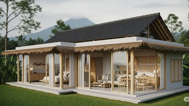 Model Rumah Sederhana dari Bambu dan Batako Dengan Kombinasi Atap Jerami dan Genteng/Ilustrasi AI
