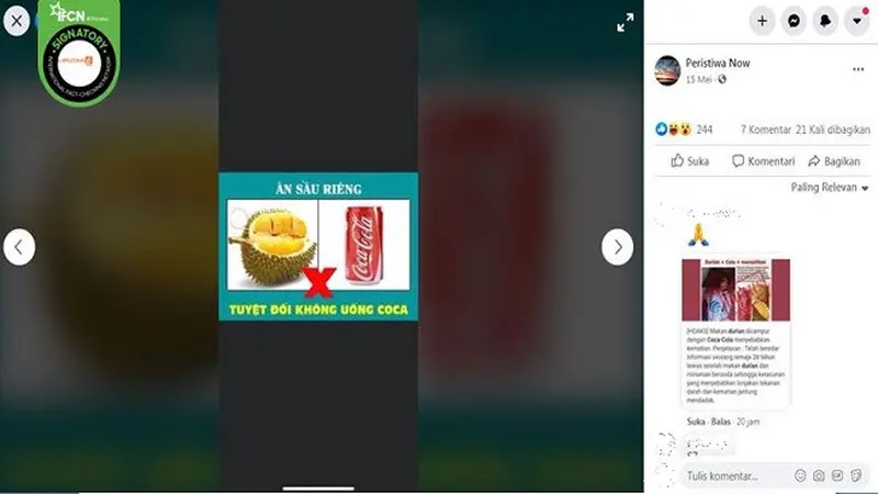 Gambar Tangkapan Layar Kabar Hoaks Tentang Bahaya Mengonsumsi Durian dan Soda