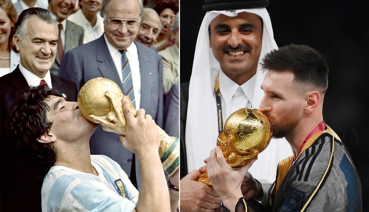 Foto kombo memperlihatkan kapten tim Argentina Diego Armando Maradona (kiri) mencium trofi Piala Dunia yang diraih timnya setelah menang 3-2 atas Jerman Barat di Stadion Azteca di Mexico City (29/6/1986) dan kapten Argentina di Piala Dunia 2022, Lionel Messi (kanan) mencium trofi Piala Dunia setelah mengalahkan Prancis di Stadion Lusail, Doha (18/12/2022). (Foto-foto: AFP/Dominique Faget, Frank Fife)