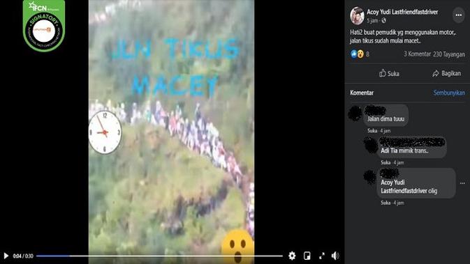 Gambar Tangkapan Layar Video yang Diklaim Jalan Tikus Dipenuhi Pemudik (sumber: Facebook)