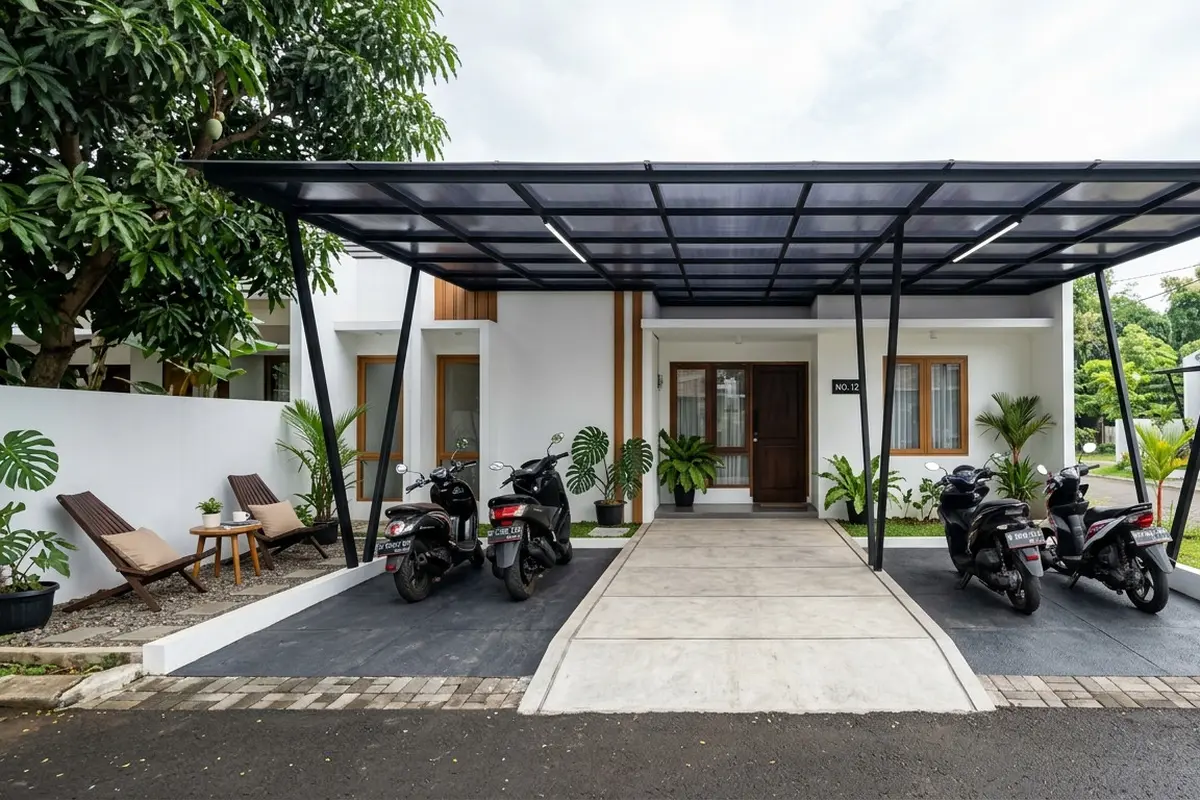 Ide Kanopi Teras Depan Rumah yang Cocok untuk Parkir Motor dan Santai. Gemini