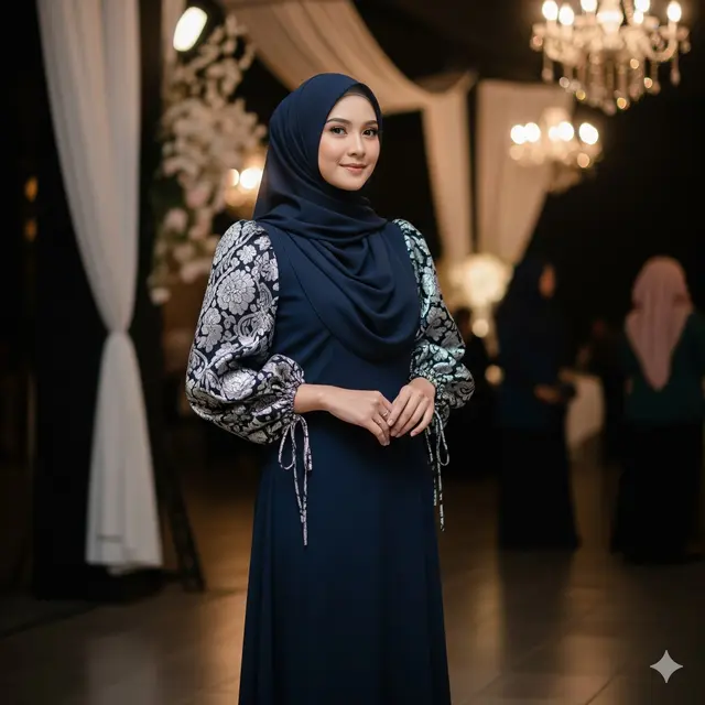 Gamis dengan Lengan Balon dan Brokat Silver
