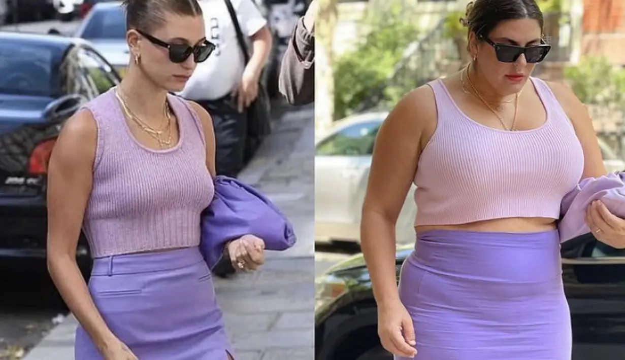 Katie mengenakan skirt dan tanktop ungu mirip seperti Haileybieber. Lengkap dengan aksesori sungless dan kalung. Instagram @katiesturino
