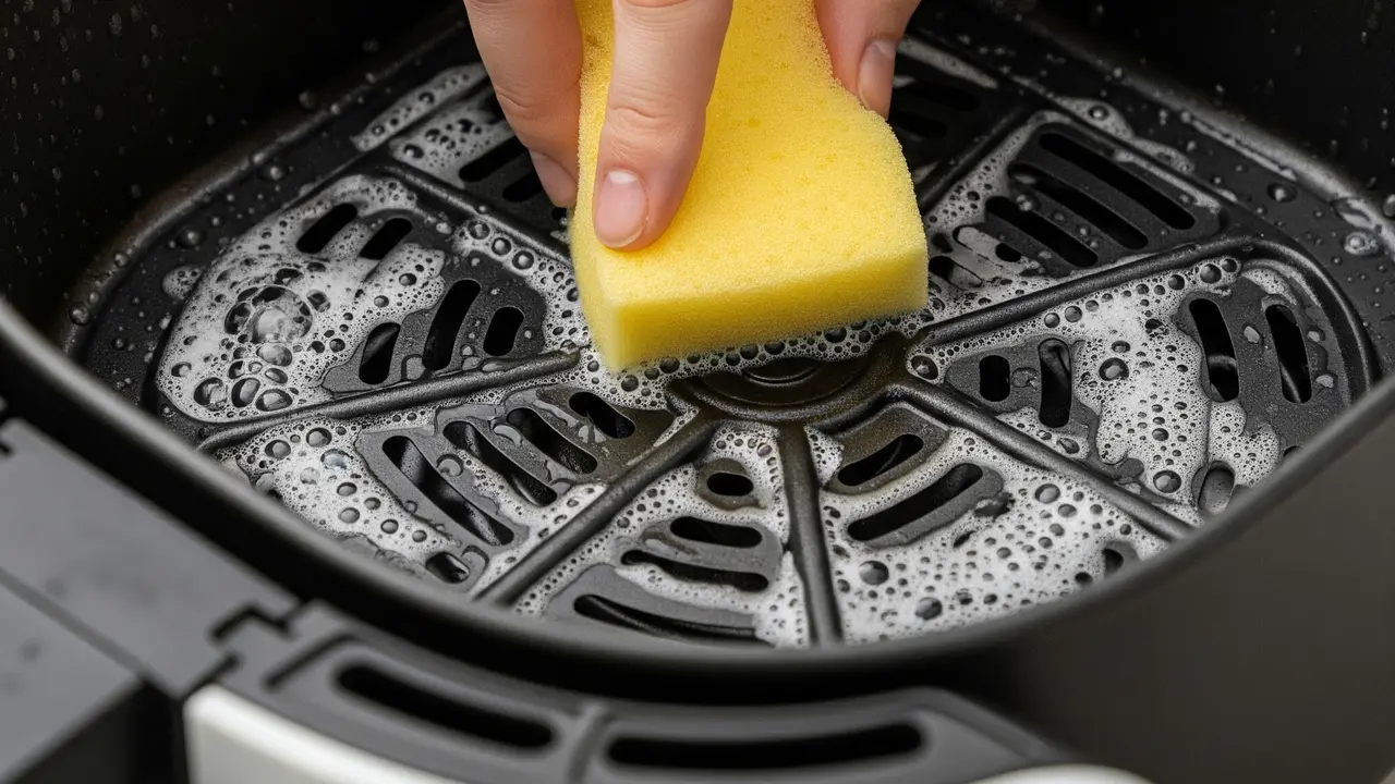 Ilustrasi membersihkan air fryer (Image by Gemini AI)