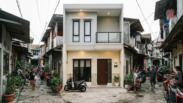 Desain rumah 2 lantai di gang sempit tanpa halaman depan yang bisa jadi resolusi hunian minimalis elegan di 2027 model kombinasi warna netral