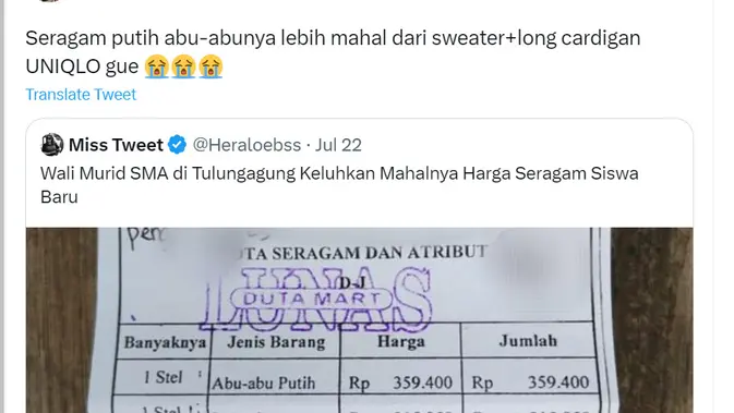 <p>Harga seragam sekolah yang mahal di salah satu SMA di Jawa Timur membuat netizen Twitter membandingkannya dengan brand-brand impor.</p>