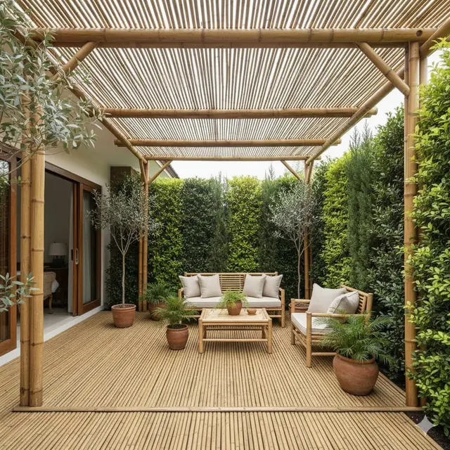 Teras Bambu dengan Pagar Tanaman Campuran (Hedges)