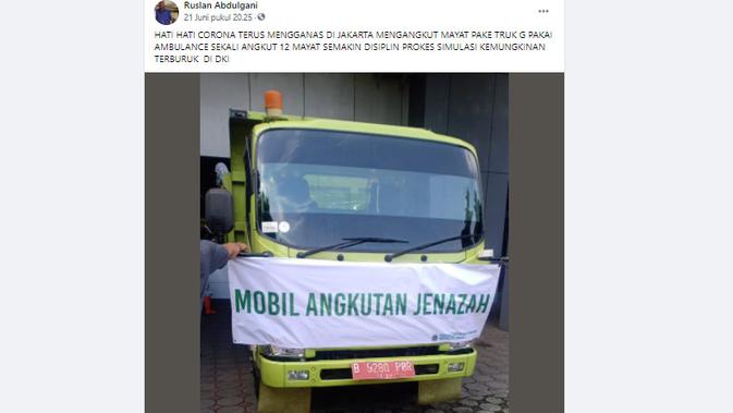 Cek Fakta Liputan6.com menelusuri klaim jenzah Covid-19 Jakarta diangkut truk tak lagi pakai ambulans