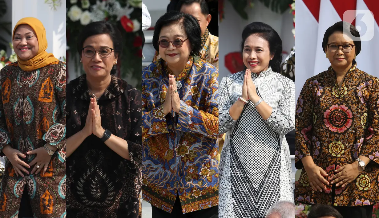 Foto kolase lima menteri perempuan yang masuk Kabinet indonesia Maju, mereka adalah Ida Fauziah, Sri Mulyani, Siti Nurbaya, Gusti Ayu Bintang Darmavati dan Retno Marsudi (kiri ke kanan). Kelimanya terpilih menjadi menteri pada Kabinet Indonesia Maju periode 2019-2024. (Liputan6.com/Angga Yuniar)