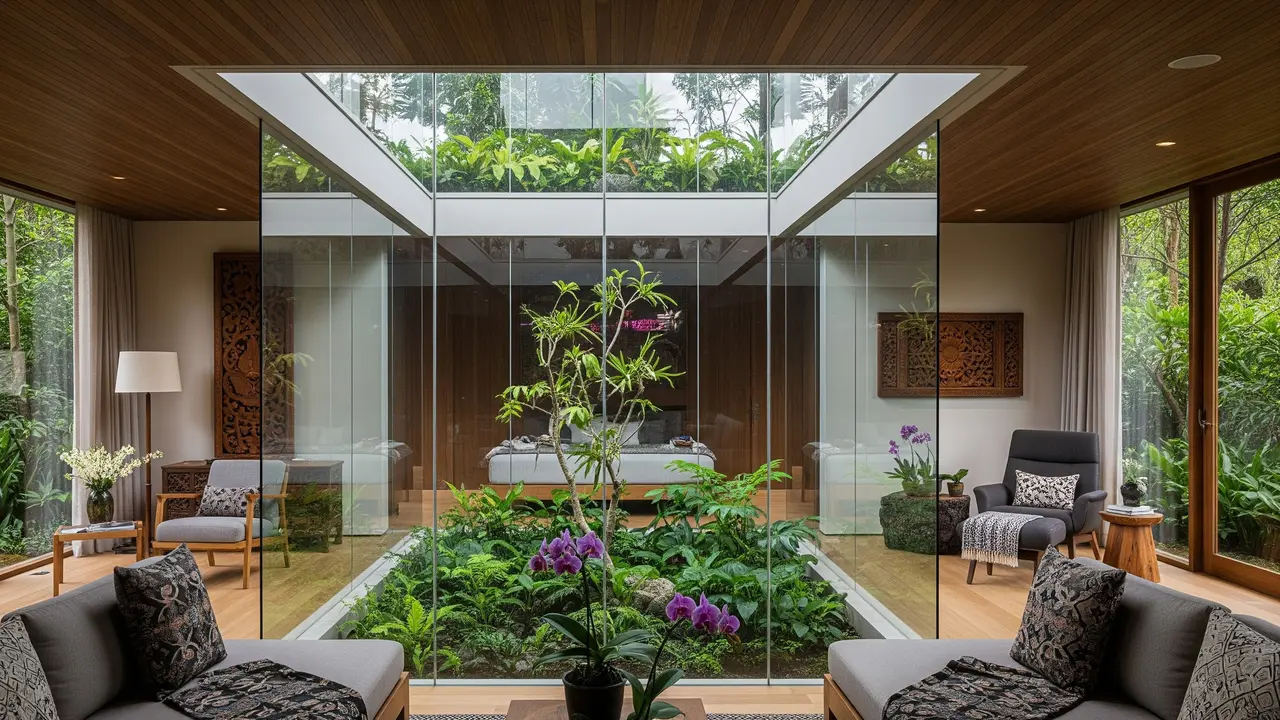 Model Rumah Modern Kaca dengan Taman Indoor Atrium/ Ilustrasi AI