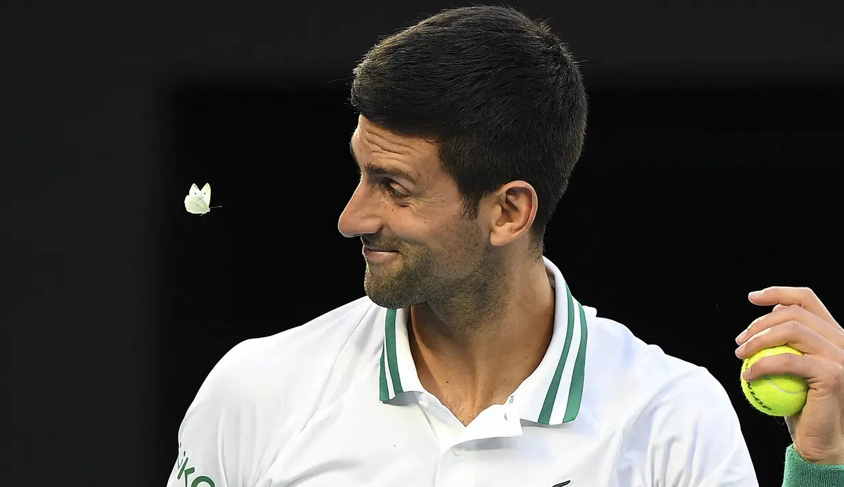 Seekor kupu-kupu berusaha menghampiri Novak Djokovic yang sedang melakukan pertandingan melawan Aslan Karatsev. (Foto: AFP/William West)