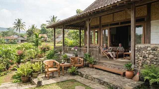 Rumah kampung dengan kayu dan batu alam yang nyaman untuk masa tua model rumah kampung dengan serambi memanjang
