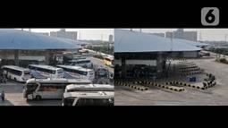 Foto kombo yang menunjukkan aktivitas pemudik pada H-8 Idul Fitri tahun lalu di Terminal Pulo Gebang, Jakarta, Selasa (28/5/2019) dan suasana sepi arus mudik akibat pandemi virus corona COVID-19 di Terminal Pulo Gebang, Minggu (17/5/2020). (merdeka.com/Iqbal S. Nugroho)