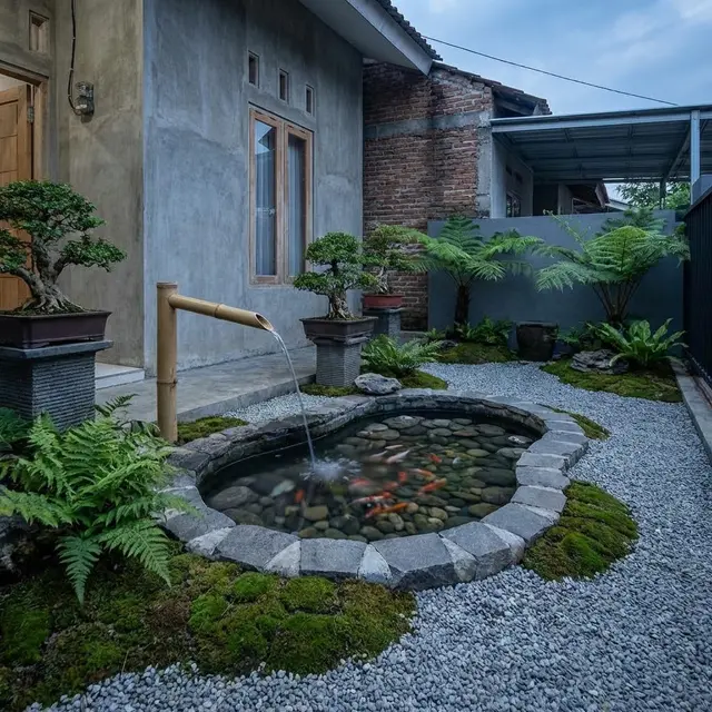 Desain Zen Garden dengan Pancuran (Gemini AI)
