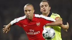 Arsenal&#039;s Mikael Silvestre holds off a challenge from Fenerbahce&#039;s Semih Senturk during Champions League Group G match at The Emirates Stadium in London on November 5, 2008. AFP PHOTO/Adrian Dennis 