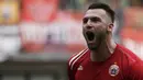 Striker Persija Jakarta, Marko Simic, merayakan gol yang dicetaknya ke gawang 757 Kepri Jaya pada laga Piala Indonesia di Stadion Patriot Bekasi, Jawa Barat, Rabu (23/1). Persija menang 8-2 atas Kepri. (Bola.com/Yoppy Renato)