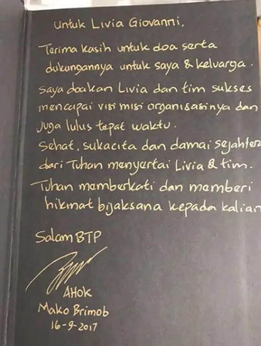 Surat Basuki Tjahaja Purnama (Ahok) untuk Livia Giovanni ucapan terima kasih dan dukungan untuk Ahok dan keluarga. (Instagram/@basukibtp)