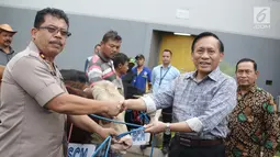 Direktur SCM Imam Sudjarwo menyerahkan 1 ekor sapi ke Kapolsek Kebon Jeruk Kompol M. Marbun  saat penyerahan hewan kurban 1439 H, Jakarta, Kamis (16/8). SCM membagikan hewan kurban sebanyak 5 sapi dan 45 kambing. (Liputan6.com/Herman Zakharia)