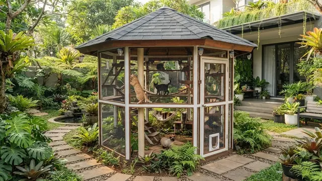 Kandang Bergaya Gazebo Mini dengan Area Bermain Bertingkat (AI Generated)
