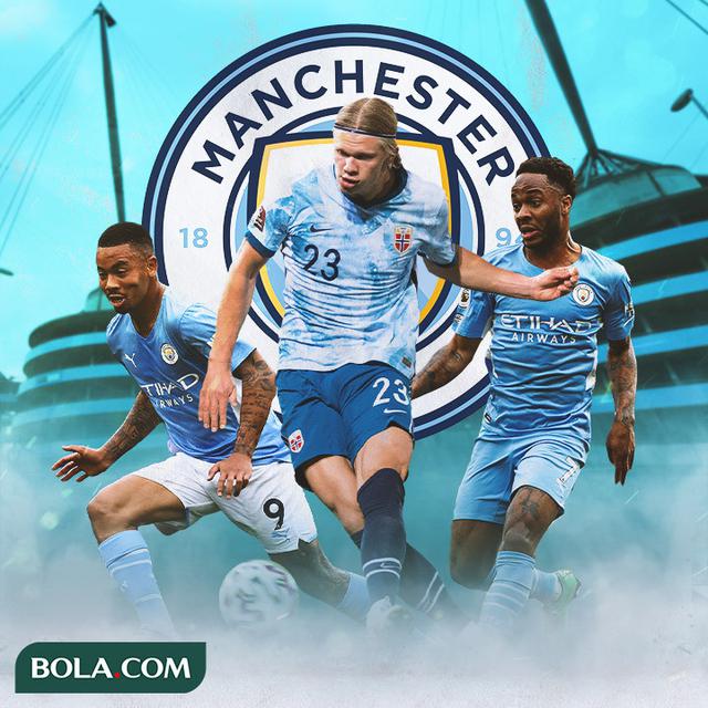 Manchester City - Erling Haaland dikelilingi Gabriel Jesus dan Raheem Sterling